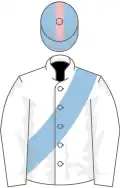 White, Light Blue sash and cap with Pink stripe