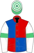 Red and royal blue (quartered), white sleeves, emerald green armlets, emerald green and white hooped cap