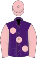 Purple, large pink spots, sleeves and cap