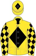 Yellow, black diamond, diamonds on sleeves, yellow cap, black diamond