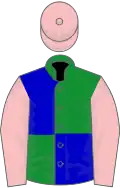 Green and blue (quartered), pink sleeves and cap