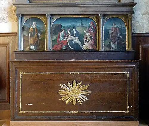Retable in Chapel of Saint_Catherine, paintings of Christ and the Virgin Mary after the Crucifixion, Saint Vincent and Saint Honoré (anonymous artist, 16h century)