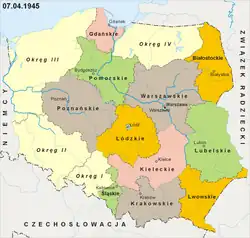 The administrative subdivisions of Poland in April 1945, including the Silesian Voivodeship.