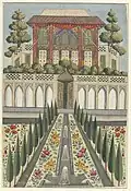 Palace Garden of Hazar Jarib in Aliabad, late 17th century. Commissioned by a Dutchman. Note perspective & treatment of trees.[2] Rijksmuseum