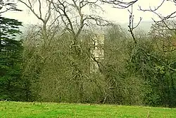 a stone tower, mostly hidden by trees