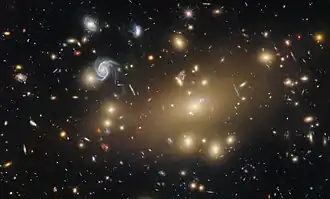 A cluster of distant, mainly elliptical galaxies. They appear as brightly shining points radiating golden light that each take the shape of a smooth, featureless oval. They crowd around one that is extremely large and bright. A few spiral galaxies of comparable size appear too, bluer in colour and with unique shapes. Of the other, more small and distant galaxies covering the scene, a few are warped into long lines.