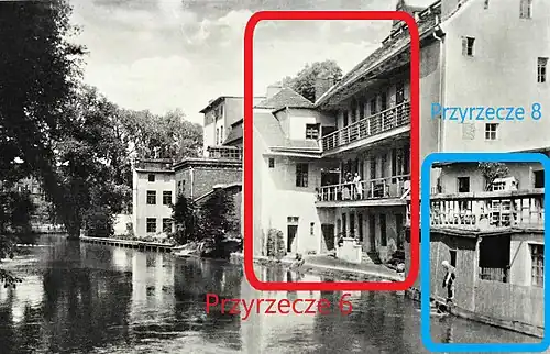 1944 postcard with both gone houses, 6 (left) and 8 (right)