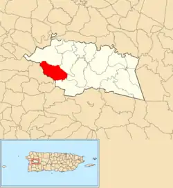 Location of Río Cañas within the municipality of Las Marías shown in red
