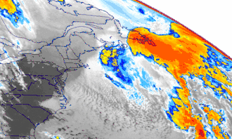 Satellite image of the Northeastern United States and western Atlantic Ocean, featuring a poorly defined cyclone