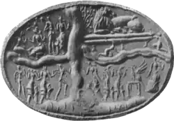 Grey photograph of the cast of the ring's impression: as infobox image, except the creature at the base of the tree is highly indistinct