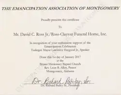 Certificate for recognition of enthusiastic support of the Emancipation Association of Montgomery.