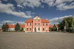 The Lewin Brzeski Town Hall seen west from the Market Square, surrounded by the Planty.