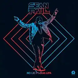 A drawing of Sean Paul with his arms up in red and blue with diamonds behind him appears in the center. His name appears on the top and the song's title "No Lie ft Dua Lipa" appears on the bottom, while his label's logo, Island Records, appears on the bottom right.