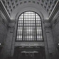 The album's cover features a black-and-white photograph taken inside of Chicago's Union Station.