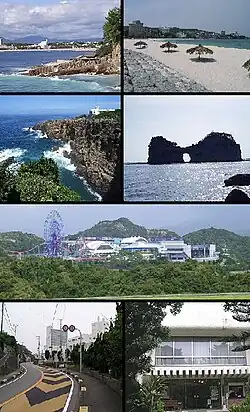 Top left: Nanki Shirahama Spa, top right: Shirahama Beach, 2nd left: Three-stage Wall (Sandanheki), 2nd right: Engetsu Island (Engetsuto), 3rd: Shirahama Adventure World, bottom left: Tsubaki Spa, bottom right: Minakata Kumagusu Memorial Museum
