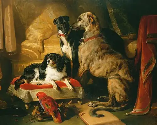 Hector, Nero, and Dash with the parrot, Lory by Edwin Landseer
