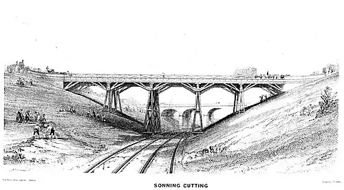 Sonning Cutting, close to the scene of the accident, 24 December 1841. Workmen appear to be repairing bank-slips on the southern side of the cutting at left. Print by JC Bourne published in 1846