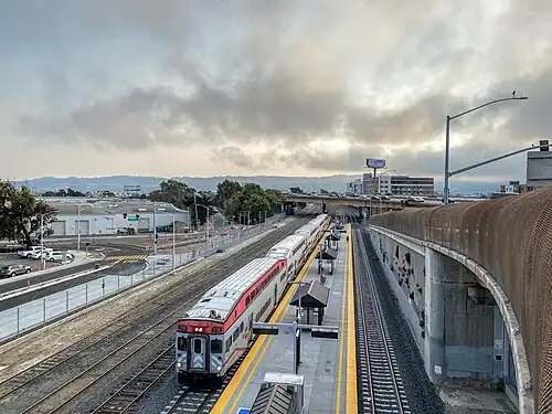 Overhead view of a train at a railroad station