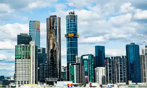 Australia 108 (centre) under construction in November 2019, alongside Prima Pearl, Eureka Tower, and other prominent buildings on the Southbank skyline