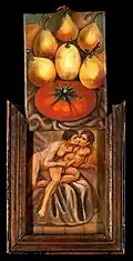 A painting of an erotic scene behind a painting of figs and a tomato. Summonte. 1800 to 1899?