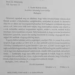 Document[15] in the National Archives of Hungary 1945. Thank you letter from Lajos Stöckler, President of the Jewish Community of Budapest, to Károly Szabó for rescuing 154 persons and his family (8 persons).