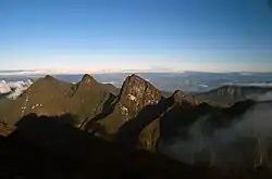 Three side-by-side mountain peaks, as viewed from the summit of Marojejy Massif.