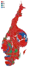 Cartogram of the map to the left with each municipality rescaled to the number of valid votes cast.