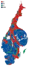 Cartogram of the map to the left with each municipality rescaled to the number of valid votes cast.