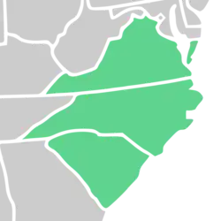 Symphyotrichum grandiflorum native distribution map: North Carolina, South Carolina, and Virginia (US).
