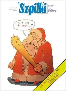 Cover of Szpilki magazine illustrated with a cartoon of Santa Clause brandishing a club.