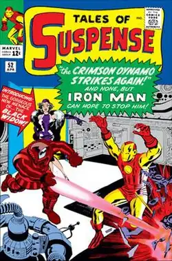 A comic book cover depicting Iron Man fighting the Crimson Dynamo. Black Widow stands behind the Crimson Dynamo wearing a fur coat. A caption beside her reads "Introducing: the gorgeous new menace of... the Black Widow!"