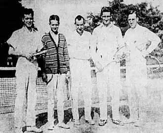 (Second from right.) The doubles finalists and tournament chairman are on a court in Yonkers, 1926.