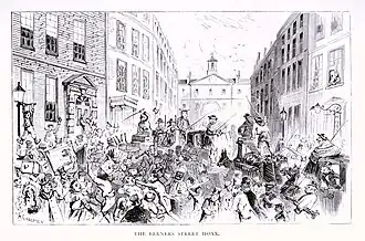An imagined scene from the day of the hoax. Berners Street is packed with carriages, businessmen, traders, delivery boys and bystanders.