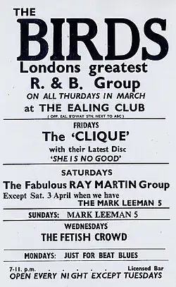 Poster for the Birds at The Ealing Club, 1965