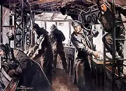 Drawing of people in uniform in a room
