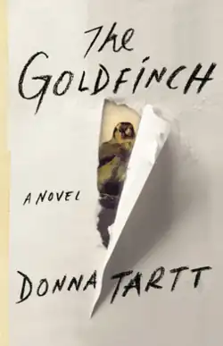The title is written in a black, handwriting-style font near the top of the cover, with "A Novel" below it and the author’s name near the bottom. Part of the pale yellow background appears torn, revealing a fragment of a painting of a goldfinch behind it.