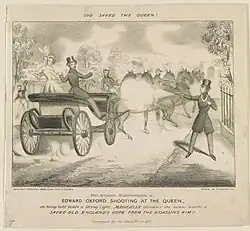 Black and white picture showing Oxford firing a pistol at Victoria