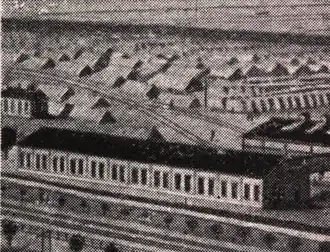 Locomotive shed highlighted on an old drawing showing the factory from the air. The locomotive shed is at very left edge, which is the north end of the factory