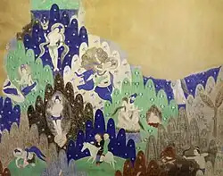 Ceiling of Cave 14, traders galloping in the dark (bottom), among vignettes alluding to Jataka tales.