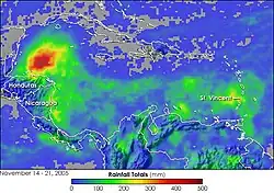 Map of estimated rainfall totals over the Caribbean