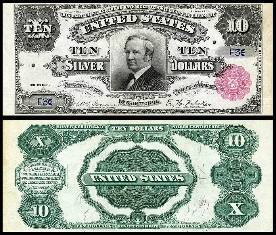 $10 Silver Certificate, Series 1891, Fr.298, depicting Thomas Hendricks