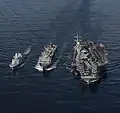 HDMS Peter Willemoes, USS George H.W. Bush and USNS Supply underway on 16 September 2019.
