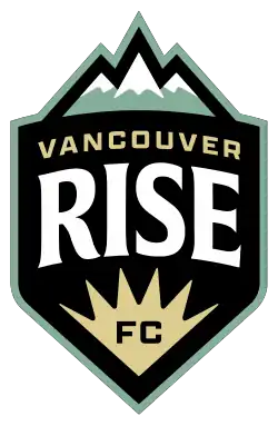 A black badge with a teal outline topped by a three-peaked mountain; the words "Vancouver Rise FC" are printed in gold and white.