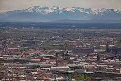 A view from the tower's observation platform towards the Alps.