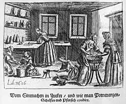 Print showing sugar used in home preservation of fruit (17th century?)