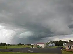 A small airport on a very cloudy day