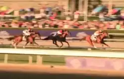 Three mounted horses race at Santa Anita Park