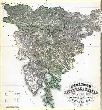 Image 15Peter Kozler's map of the Slovene Lands, designed during the Spring of Nations in 1848, became the symbol of the quest for a United Slovenia. (from History of Slovenia)