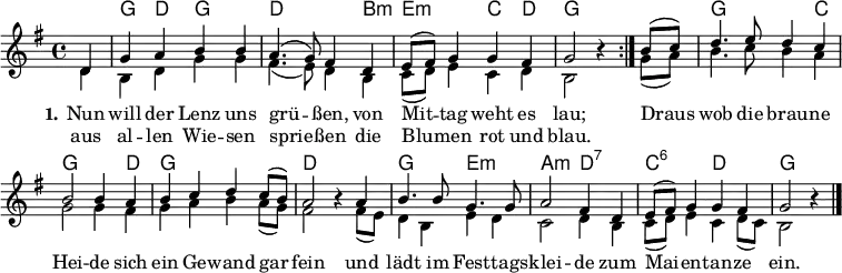 \header { tagline = ##f }
\paper { #(set-paper-size "a4") }
\layout { indent = 0 \context { \Score \remove "Bar_number_engraver" } }
global = { \key g \major \time 4/4 \partial 4 }
chordNames = \chordmode { \global \set ChordNames.midiInstrument = #"acoustic guitar (nylon)"
\repeat volta 2 { s4 | g,\p d, g,2 | d,2. b,4:m | e,2:m c,4 d, | g,2 s4 }
s4 | g,2. c,4 | g,2. d,4 | g,1 | d, | g,2 e,:m | a,:m d,:7 c,:6 d, | g, s4 \bar "|."
}
sopVoice = \new Voice = "sopvoice" \relative c' { \global \voiceOne
\repeat volta 2 { d4 | g a b b | a4. (g8) fis4
d | e8 (fis) g4 g fis | g2 r4 }
b8 (c) | d4. e8 d4 c | b2 b4 a | b c d c8 (b8) | a2 r4
a | b4. b8 g4. g8 | a2 fis4 d | e8 (fis) g4 g fis | g2 r4 \bar "|."
}
altVoice = \new Voice \relative c' { \global \voiceTwo
\repeat volta 2 { d4 | b d g g | fis4. (e8) d4
b | c8 (d) e4 c d | b2 r4 }
g'8 (a) | b4. c8 b4 a | g2 g4
fis | g a b a8 (g) | fis2 r4
fis8 (e) | d4 b e d | c2 d4 b | c8 (d) e4 c d8 (c) | b2 r4 \bar "|."
}
verse = \new Lyrics \lyricsto "sopvoice" { \set stanza = #"1."
<< { Nun will der Lenz uns grü -- ßen,
von Mit -- tag weht es lau; } \new Lyrics { \set associatedVoice = "sopvoice"
aus al -- len Wie -- sen sprie -- ßen
die Blu -- men rot und blau. } >>
Draus wob die brau -- ne Hei -- de
sich ein Ge -- wand gar fein
und lädt im Fest -- tags -- klei -- de
zum Mai -- en -- tan -- ze ein.
}
chordsPart = \new ChordNames \chordNames
VoicePart = \new Staff \with { midiInstrument = "flute" \consists "Merge_rests_engraver" }
{ << \sopVoice \\ \altVoice >> } \addlyrics { \verse }
\score {
<<
\chordsPart
\VoicePart
>>
\layout { }
}
\score { \unfoldRepeats { << \chordsPart \\ \VoicePart >> }
\midi { \tempo 4=120 }
}