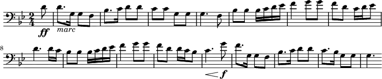 \relative c'{ \clef bass \time 2/4  \set Score.tempoHideNote=##t \tempo 4=126 \set Staff.midiInstrument = #"trombone" \key g\minor \partial 8 d8\ff d8._\markup{\italic "marc"} g,16 g8 f8 bes8. c16 d8 d8 c8 c8 g8 g8 g4. f8 bes8 bes8 bes16 c16 d16 es16 f4 g8 g8 f8 d8 c16 d16 es8 d4. d16 c16 bes8 bes8 bes16 c16 d16 es16 f4 g8 g8 f8 d8 d16 c16 bes8 c4. \< \!g'8\f f8. g,16 g8 f8 bes8. c16 d8 d8 c8. bes16 g8 g8 g4. }